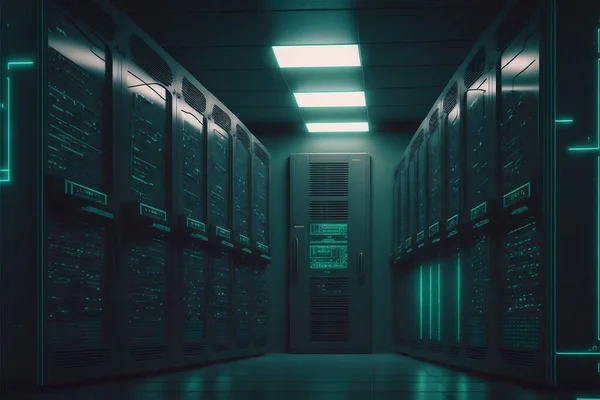 Storage server racks room with big data cyber network. Green light corridor interior of information technology hosting storage hardware system.