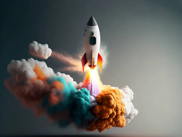 Rocket launch startup with fire flames and smoke. Airplane shuttle taking off into the depths of space. Spaceship trip in atmosphere