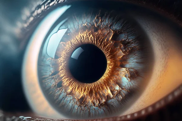 Human open blue macro eye closeup with eyeball and iris optical concept