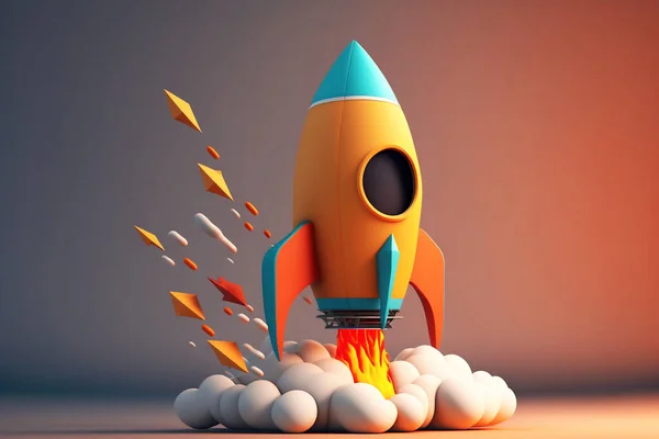 Cartoon yelllow rocket spaceship shuttle launch creating flame and cloud isolated on color background