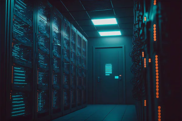 Server rack room with big data cyber network. Green light corridor interior modern communication hosting storage hardware system.