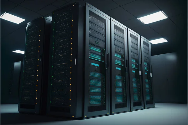 Mainframe devices on racks in room with big data cyber internet content. Neon light cloud computing server cabinet modern communication storage hardware system.