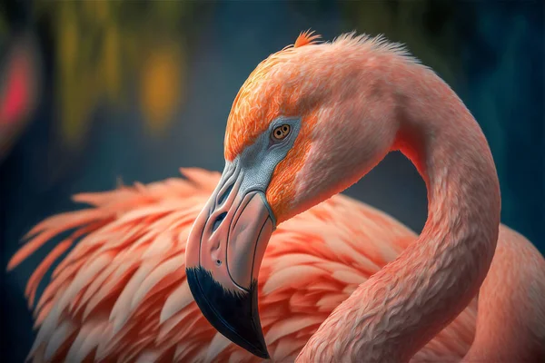 Tropical pink flamingo bird closeup in side view