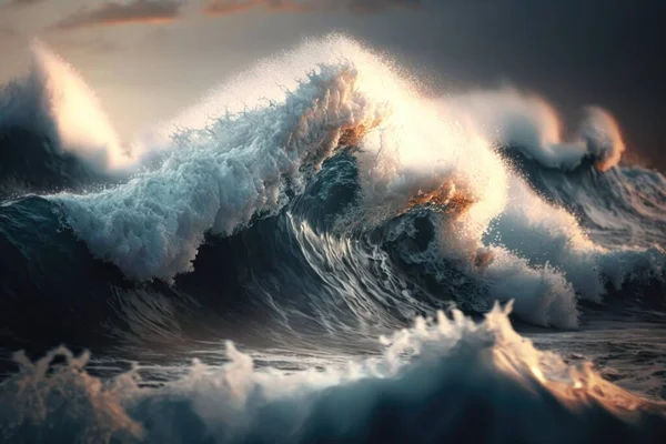 Big waves in a stormy ocean with sun rays pouring through water on sunrise or sunset clouds background