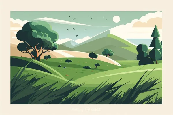 A summer meadow landscape with green grass hills in cartoon style design.