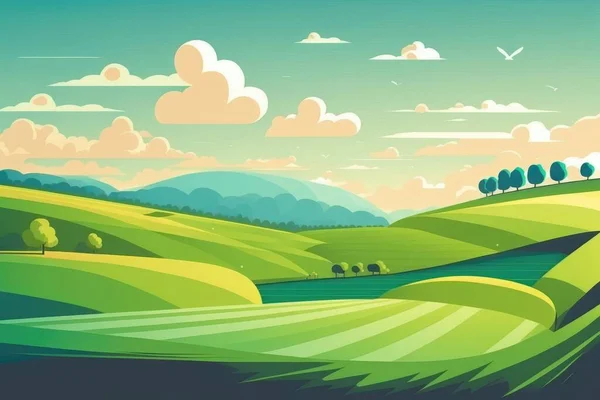 Beautiful green hills, mountains, sky and clouds in cartoon style.