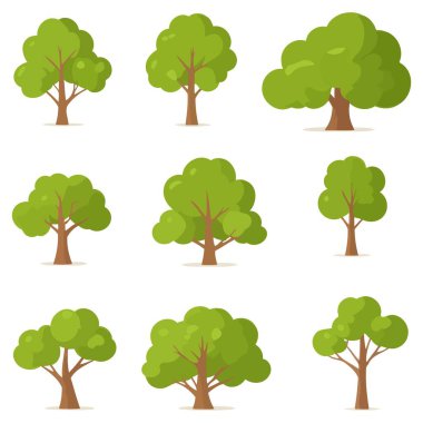Çevresel grafiklerde, eğitim materyallerinde ve peyzaj tasarımında kullanılmak üzere çeşitli şekillerde resmedilmiş çeşitli yeşil ağaçlar..