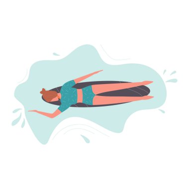 Mavi dalgıç kıyafetli bir kadının, sörf tahtasına uzanmış, hafif bir dalgada sörf yaparken,.