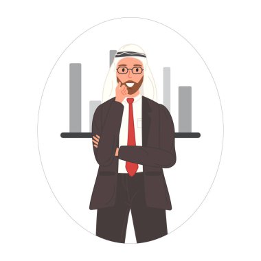 Takım elbiseli ve kravatlı Arap işadamı, kolları bağlı güvenle ayakta duruyor..