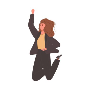 Bir kadın sevinçle havaya sıçrıyor kollarını havaya kaldırarak kutlama yapıyor..