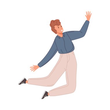 Mavi gömlekli ve beyaz pantolonlu bir adam enerjik bir şekilde dans ediyor..