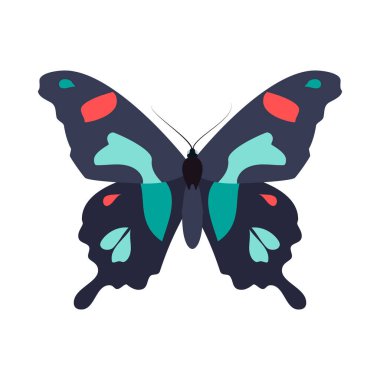 Kanatlarında canlı kırmızı noktalar gösteren mavi bir kelebek..