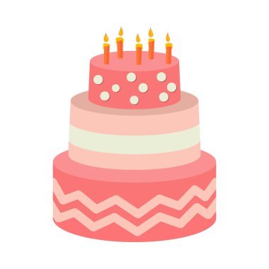 Üzerinde renkli mumlar olan üç katlı bir pasta, kutlamaya hazır..