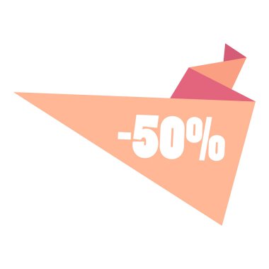 Üzerinde yüzde 50 indirim tabelası olan pembe bir origami kuşu..