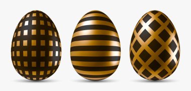 Siyah ve altın desenli üç boyutlu gerçekçi yumurtalar. Paskalya tasarımı, tebrik kartları, afişler ya da şenlikli dekorasyonlar için kullanın. Beyaz arkaplanda izole edilmiş vektör yumurta nesneleri