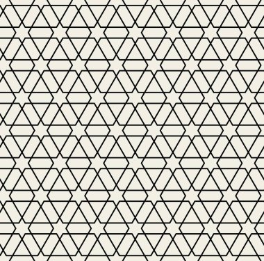 Aydınlık arkaplanda siyah çizgilerle kusursuz üçgen desen. Grafik tasarım projeleri, tekstil, duvar kağıtları ve modern markalaşma uygulamaları için özgün Arap tarzında vektör illüstrasyonu ideal
