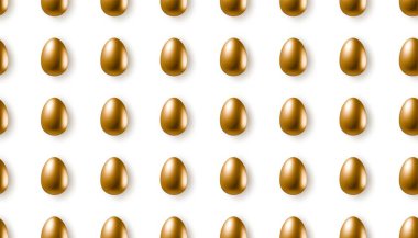 3d realistic decorative golden eggs objects isolated on white background. Seamless pattern for greeting card, web banner, packaging, poster or flyer. Vector gold egg repeating textile design wallpaper clipart