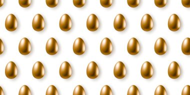 Beyaz arka planda izole edilmiş altın gibi parlak, pürüzsüz yumurtalar. 3D gerçekçi altın yumurta tebrik kartı, ambalaj, web afişi, poster ya da broşür için tekerrür eden nesneler. Vektör tekstil kapağı duvar kağıdı