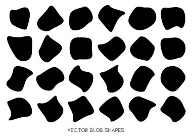 Arkaplan, poster ya da web tasarım şablonu için çeşitli düzensiz düz biçimlerde soyut siyah damlacıklar. Vektör illüstrasyon sıvısı düz dokular dinamik siluetler.