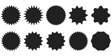 Siyah yıldız patlaması koleksiyonu fiyat etiketleri, satış etiketleri veya promosyon etiketleri. Her rozet tasarım olarak farklıdır, ağ, uygulama ve baskı modelleri için mükemmeldir. Pazarlama kullanımı için cesur siluetler