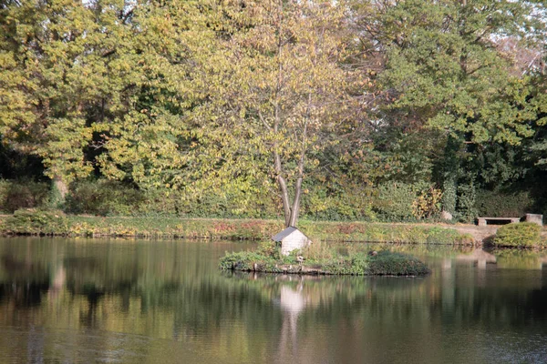 Castelo Lagoa Bedburg Com Árvores Reflexões — Fotografia de Stock