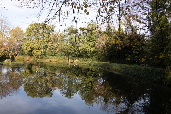 Castelo Lagoa Bedburg Com Árvores Reflexões — Fotografia de Stock