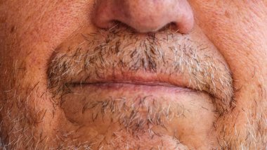 Sakallı bir adamın ağzı öpüşen bir ağıza dönüşür ve gülümser.