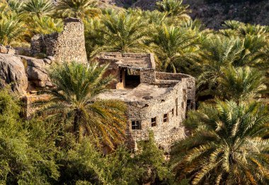 Dağ köyü Misfat Al Abriyeen 'in eski evi. Bahçeyle çevrili hurmalarla, Umman Sultanı.