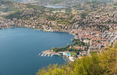 Panoramic view of the city of Lugano and Lake Lugano from Monte Bre, canton Ticino, Switzerland