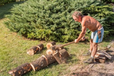 Bahçede baltayla ağaç gövdesini yakacak oduna ayıran profesyonel bahçıvan..