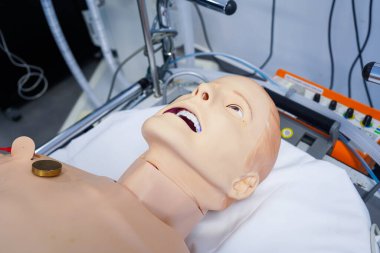İki gün boyunca hemşireler ve acil hemşireler Montpellier Tıp Fakültesi 'nde acil durum prosedürleri ve canlandırma eğitimi aldılar. Simman mankeni çalışıyor.