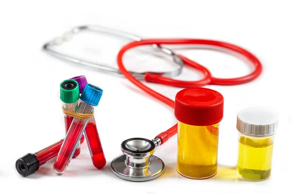 Stethoscope Surrounded Blood Tubes Urine Bottles — Stock Photo, Image