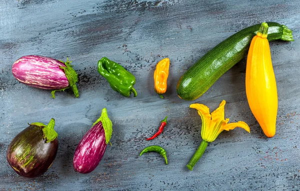 Zucchini Flower Eggplant Peppers Peppers Seen Gray Background — Stock Photo, Image