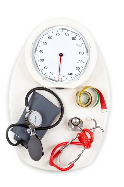 Stethoscope Tensiometer Dressmaker Tape Measure Placed Bathroom Scale — Stock Photo, Image
