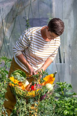 Young woman standing the basket filled with vegetables. clipart