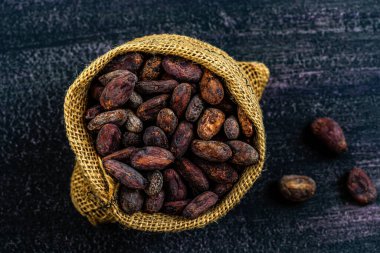 Çuval bezi kesesinde kakao ağacından yakın plan kakao..