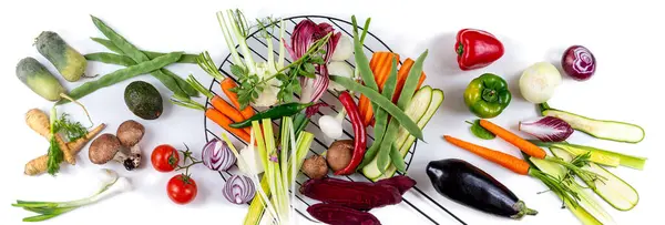 Panoramic Vegetarian Skewers Ingredients Worktop — Stock Photo, Image