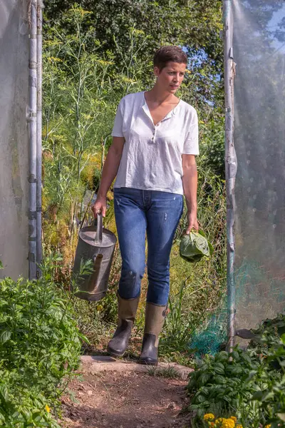 Young Woman Entering Greenhouse Watering Can Her Hand Green Cabbage — Stock Photo, Image