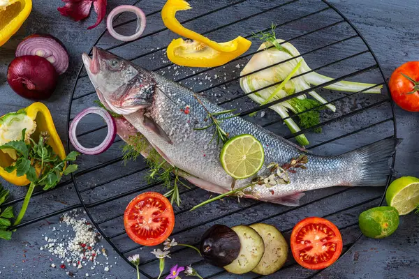 Sea Bass Placed Barbecue Grill Surrounded Vegetables Cooking Εικόνα Αρχείου