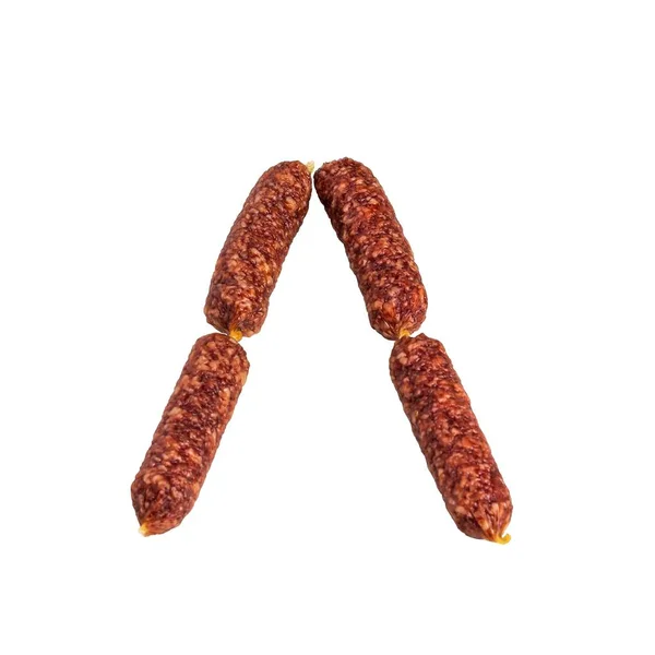 Mini Smoked Sausages Beer Shape Letter Isolate White Background — Stock Photo, Image