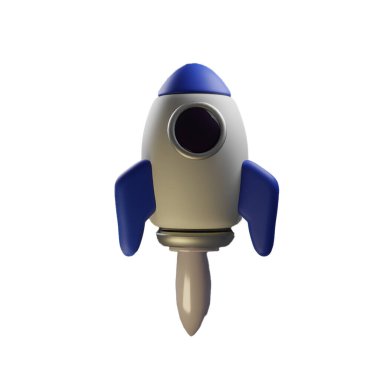 3d vektör simgesi. Uzay gemisi roketi. Oyuncak roket yükseltme, iş konsepti. Çizgi film biçimi.