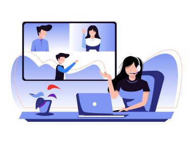 Çevrimiçi video yayını. En geniş internet ağına sahip bir dizüstü bilgisayarın önünde haber sunan bir kadın. Video konferansı için vektör illüstrasyonu, teknolojik kavramlar.