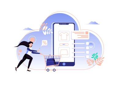 Çevrimiçi alışveriş konsepti illüstrasyonu, web tasarımı için uygun, mobil uygulama, afişler, düz resimli iniş sayfaları.