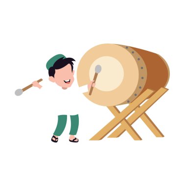 Sevimli çizgi film Mutlu Müslüman çocuk davul çalıp bayramı kutluyor. Vektör illüstrasyonu beyaz arkaplanda izole edildi. 