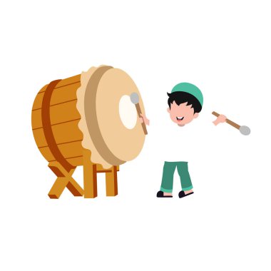 Sevimli çizgi film Mutlu Müslüman çocuk davul çalıp bayramı kutluyor. Vektör illüstrasyonu beyaz arkaplanda izole edildi. 