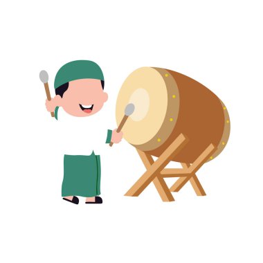 Sevimli çizgi film Mutlu Müslüman çocuk davul çalıp bayramı kutluyor. Vektör illüstrasyonu beyaz arkaplanda izole edildi. 