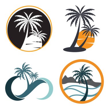 Palmiye ağacı logosu, yazın palmiye ağacı simgesi ve seyahat logosu illüstrasyonu
