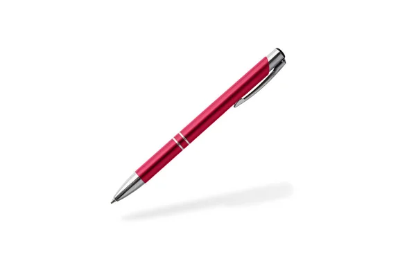 Rode Pen Vliegt Geïsoleerd Witte Achtergrond Metalen Balpen Trendy Kleur — Stockfoto
