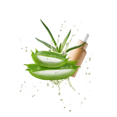 Dropper bottle with gel or oil or serum and pure aloe vera leaf slices stack flying isolated on white background with splash drops. Component of organic healthy food or natural skin care. 