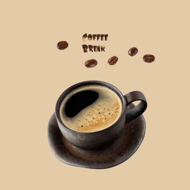 Vintage dark cup hot espresso coffee and beans flying on light brown background. Pastry shop or cafe card with text Coffee Break.